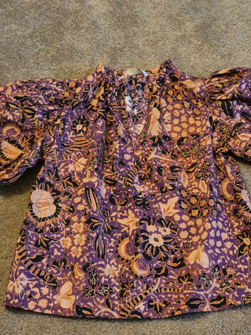 Ulla Johnson Purple and Peach Floral Puff-Sleeve Blouse with Ruffled Neck